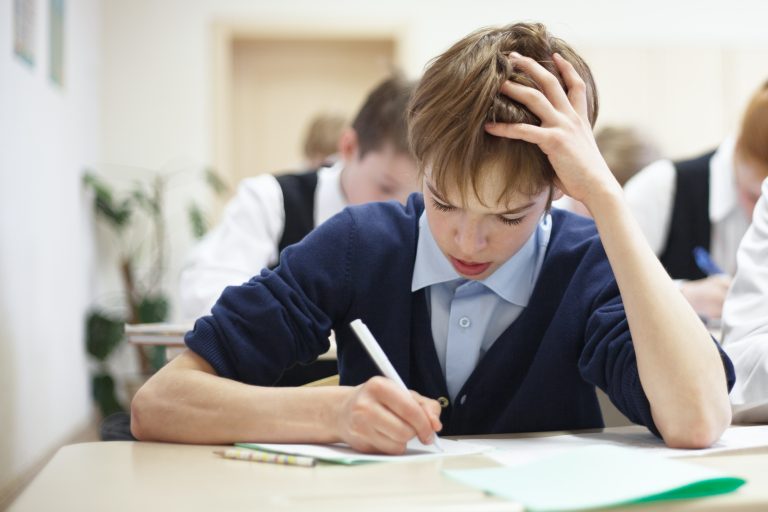 Thoughtful,School,Boy,Struggling,To,Finish,Test,In,Class., Education