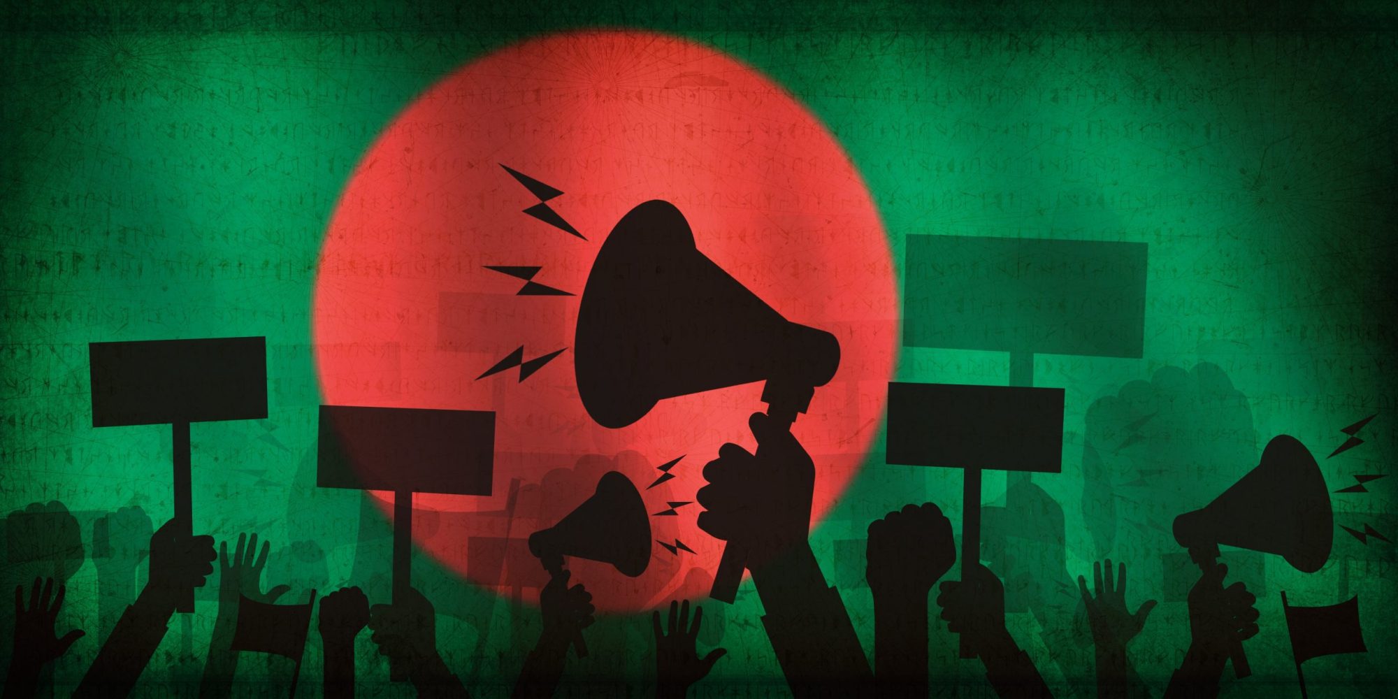 Bangladesh flag, with silhouettes of protesters