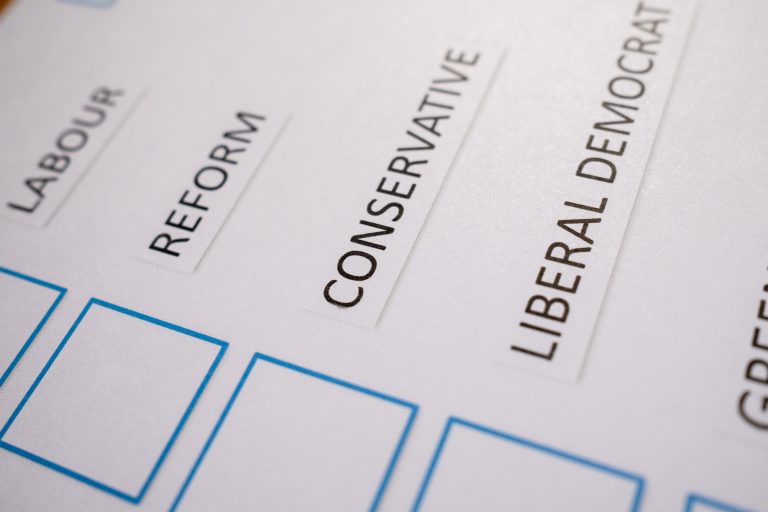 Conservatives, Reform UK, Liberal Democrat and Labour on a ballot paper
