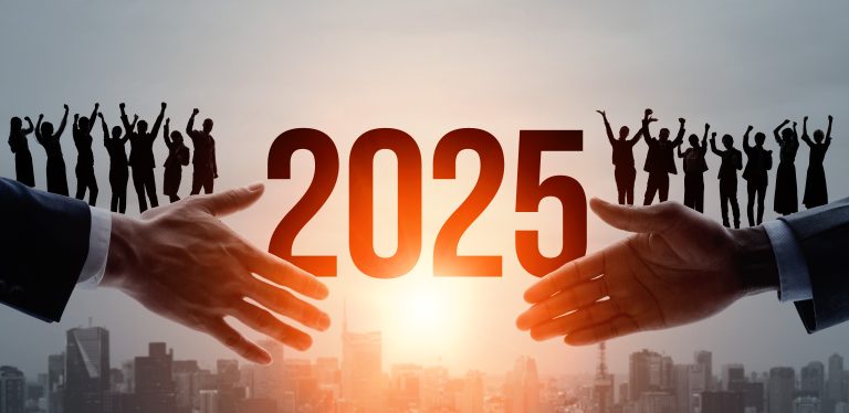 The 2025 New Year with a handshake in the foreground