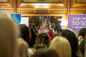 Lyanne Nicholl, Chief Executive of 50:50 Parliament, addressing the International Women's Day Reception they co-hosted with Chamber UK.
