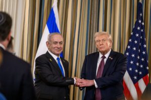 President Trump and Prime Minister Netanyahu shake hands as they propose the 20-point Gaza peace deal