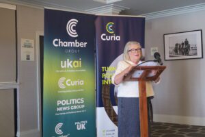 This pictures Councillor Barbara Murray speaking at the North West Conference.