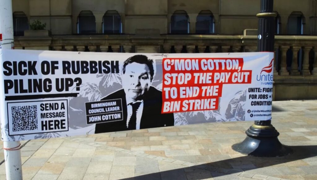 Poster at Birmingham bin strike picket outside Birmingham City Council House criticising council leader John Cotton. Birmingham City Council Bankrupt