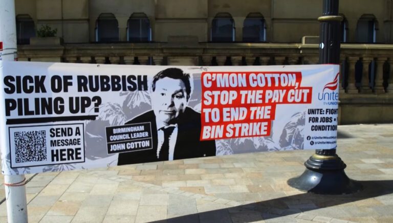 Poster at Birmingham bin strike picket outside Birmingham City Council House criticising council leader John Cotton. Birmingham City Council Bankrupt
