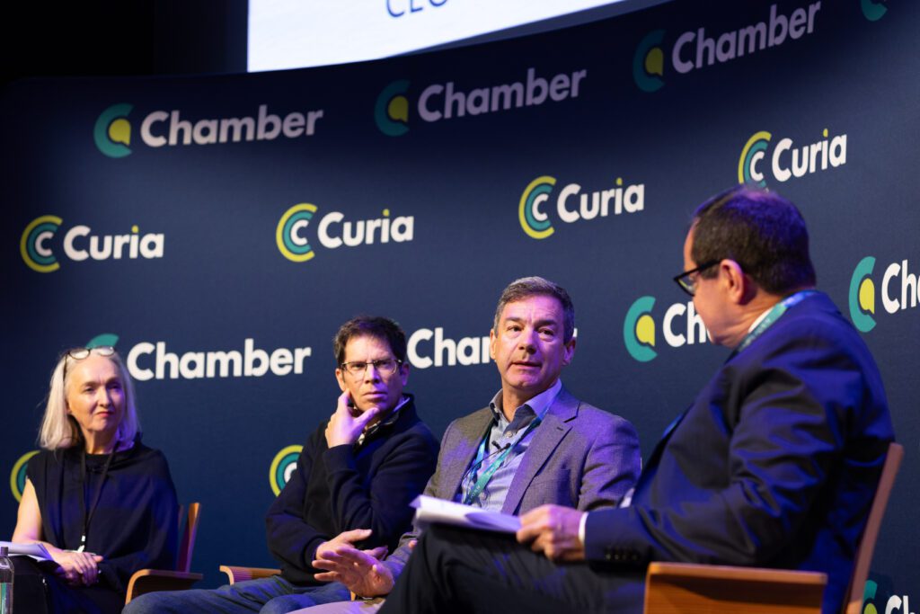 (Left to right) Cllr Becky Allinson, Deputy Leader of the Council, Adur & Worthing Council, Philip Steele, Future Technologies Evangelist, Octopus Energy, Lawrence Gosden, Chief Executive, Southern Water, speaking to Geri Silverstone, Chief Executive, SIlverstone Communications on creating greener growth (Photo: Silverstone Communications)