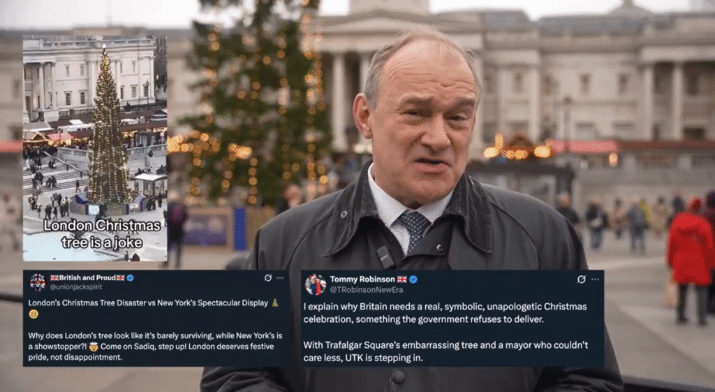 Leader of the Liberal Democrats, Sir Ed Davey says the Trafalgar Square Christmas Tree is a "great symbol of the Christmas message of generosity, love and hope" with his Christmas message. (Image: 'X' @EdwardJDavey
/@PolitlcsUK)