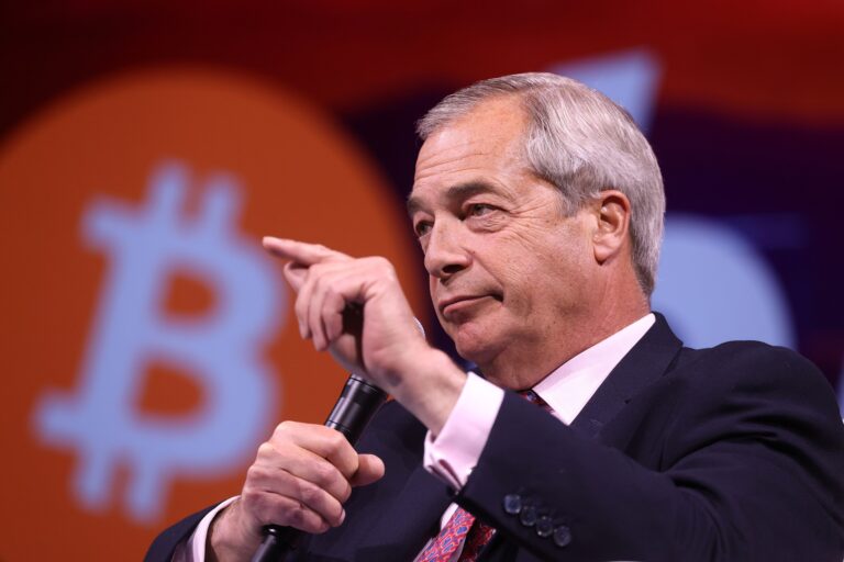 Leader of Reform UK Nigel Farage at a Bitcoin conference in Nevada