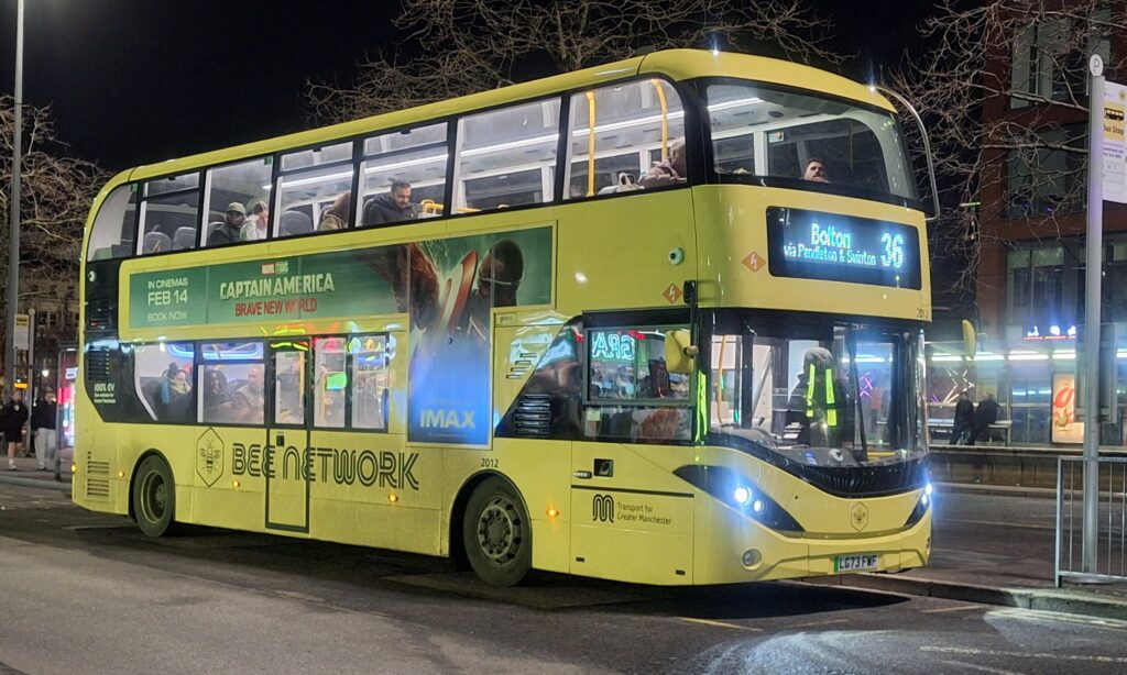 Andy Burnham has championed the Greater Manchester bus network coming under public ownership as Mayor. Bus stop photo.