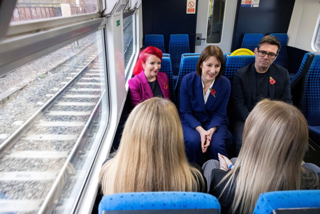 Current Chancellor, Rachel Reeves, and then Secretary of State for Transport, Louise Haigh, with then Mayor of Greater Manchester, Andy Burnham, meet apprentices in Greater Manchester in the first few months of the Starmer government. (Photo: Treasury/Kirsty O'Connor)