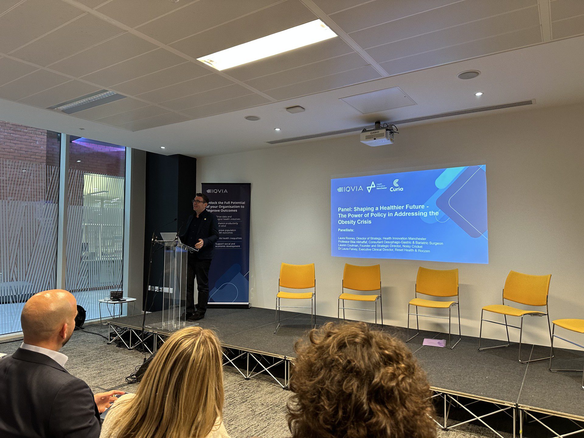 Mayor of Greater Manchester, Andy Burnham speaking at the Curia Shaping a Healthier Future report launch hosted by Health Innovation Manchester.