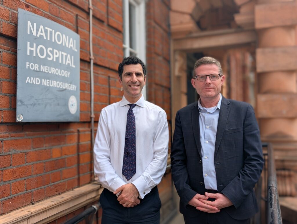 Rhys Hibbert, the first patient to undergo live AI-assisted brain tumour surgery, with Professor Hani Marcus, consultant neurosurgeon at UCLH, who performed the world-first procedure. (Photo: UCLH)
