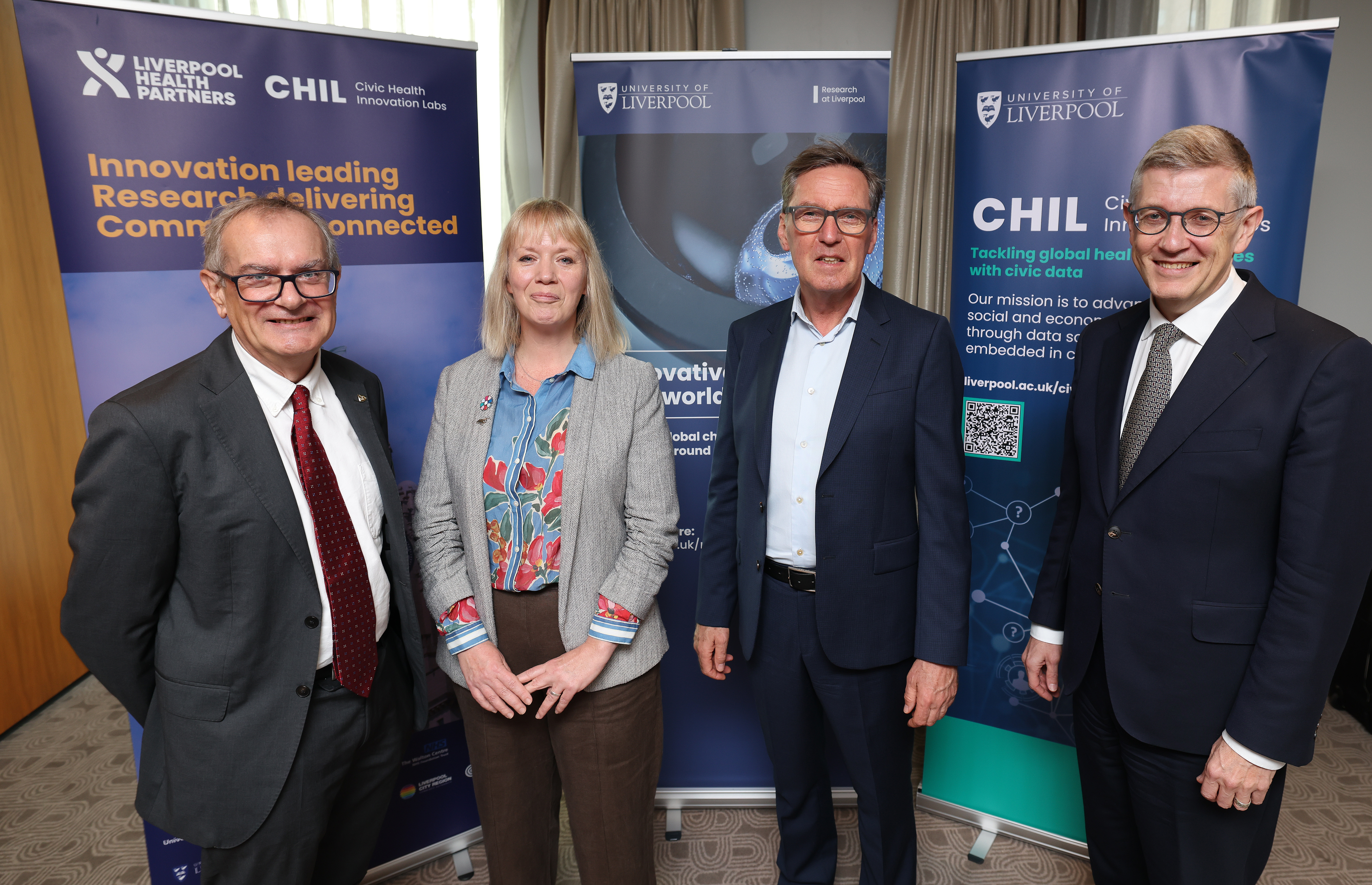 The University of Liverpool Civic Health Innovation Labs (CHIL) organised a roundtable discussion on closing the gap between what public services know about people’s circumstances and what they do to improve them at Labour Party Conference. (Left to right: University of Liverpool Provost, Professor Richard Black, Chief Executive for NHSA and Executive Director of Health Equity North, Hannah Davies, Rt Hon Alan Milburn, Director of CHIL Professor Iain Buchan)